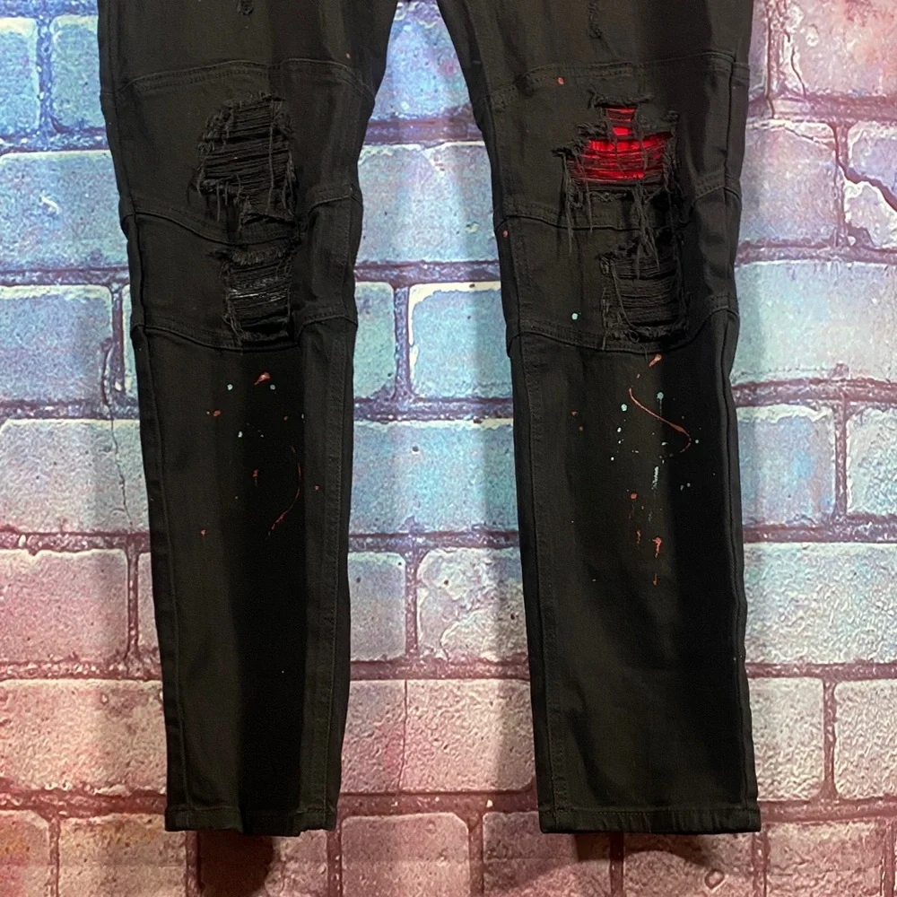 Makobi Distressed Paint Splatter Black Jeans Men’s 40x32 Streetwear Denim - Picture 4 of 13